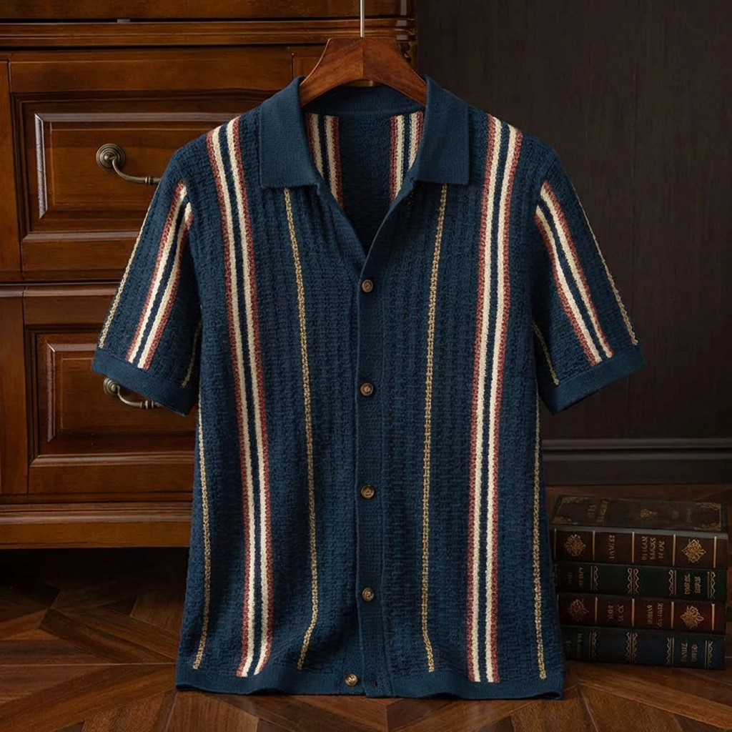 Men's Striped Cotton Knit Polo Shirt with Classic Collar