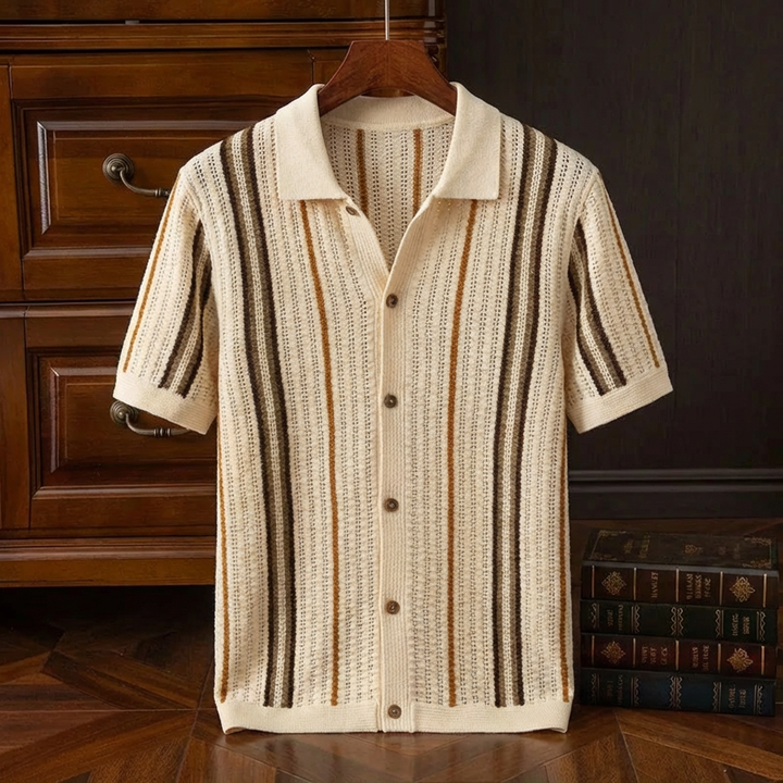 Men's Striped Cotton Knit Polo Shirt with Classic Collar