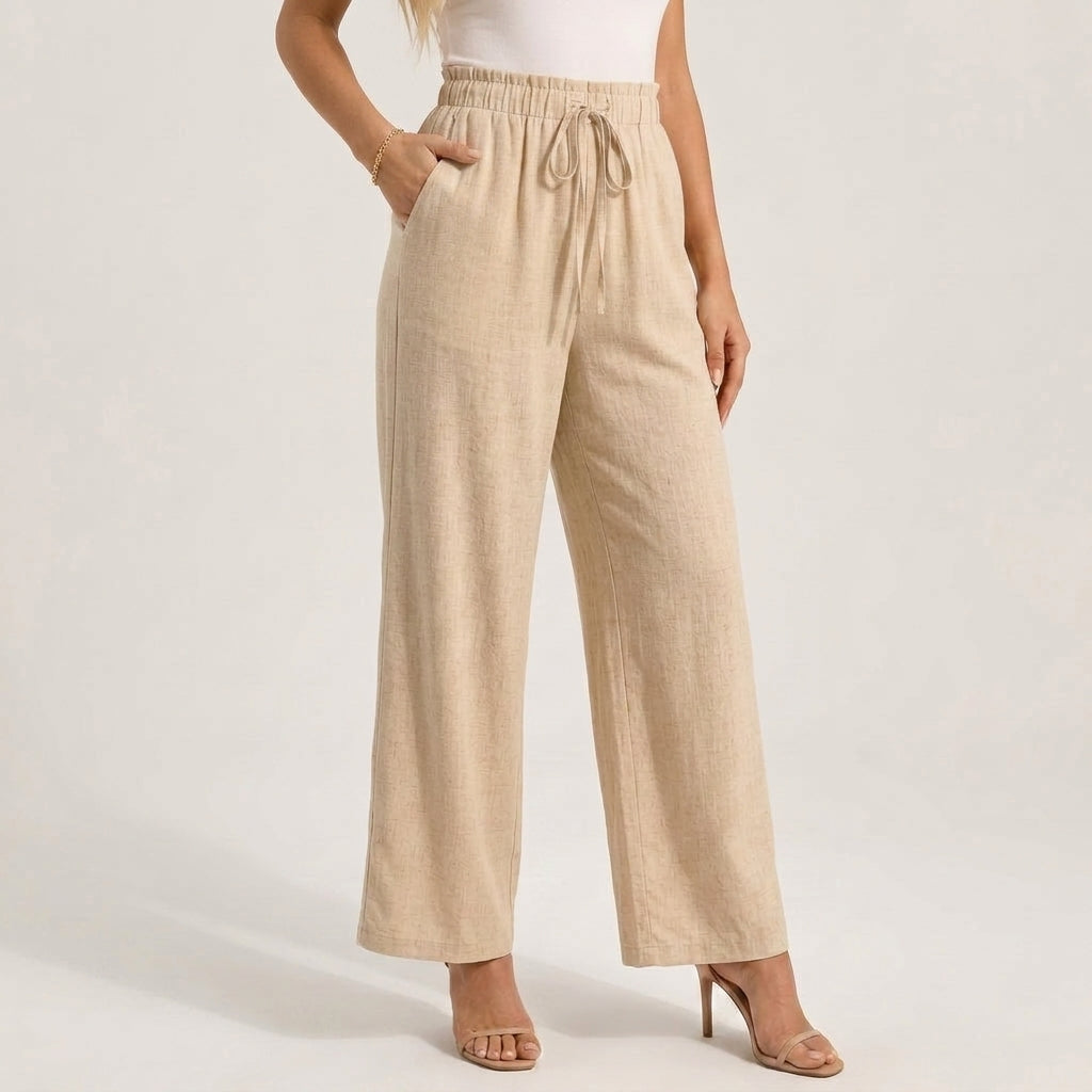 Women's Linen Wide-Leg Pants with Smocked Waistband