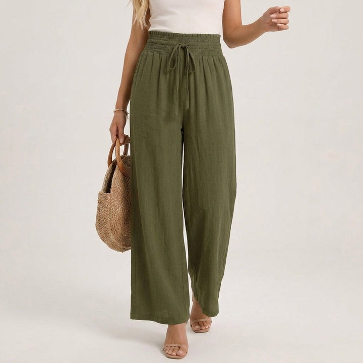 Women's Linen Wide-Leg Pants with Smocked Waistband
