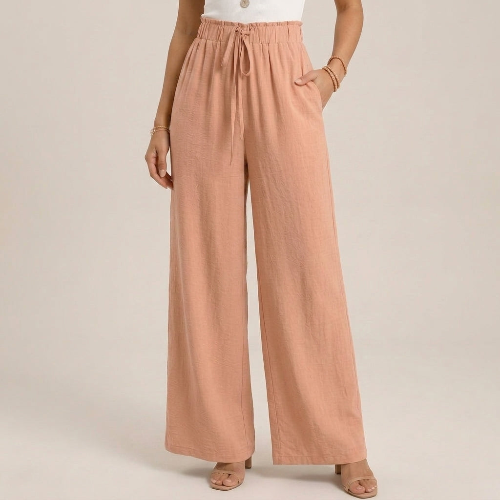 Women's Linen Wide-Leg Pants with Smocked Waistband
