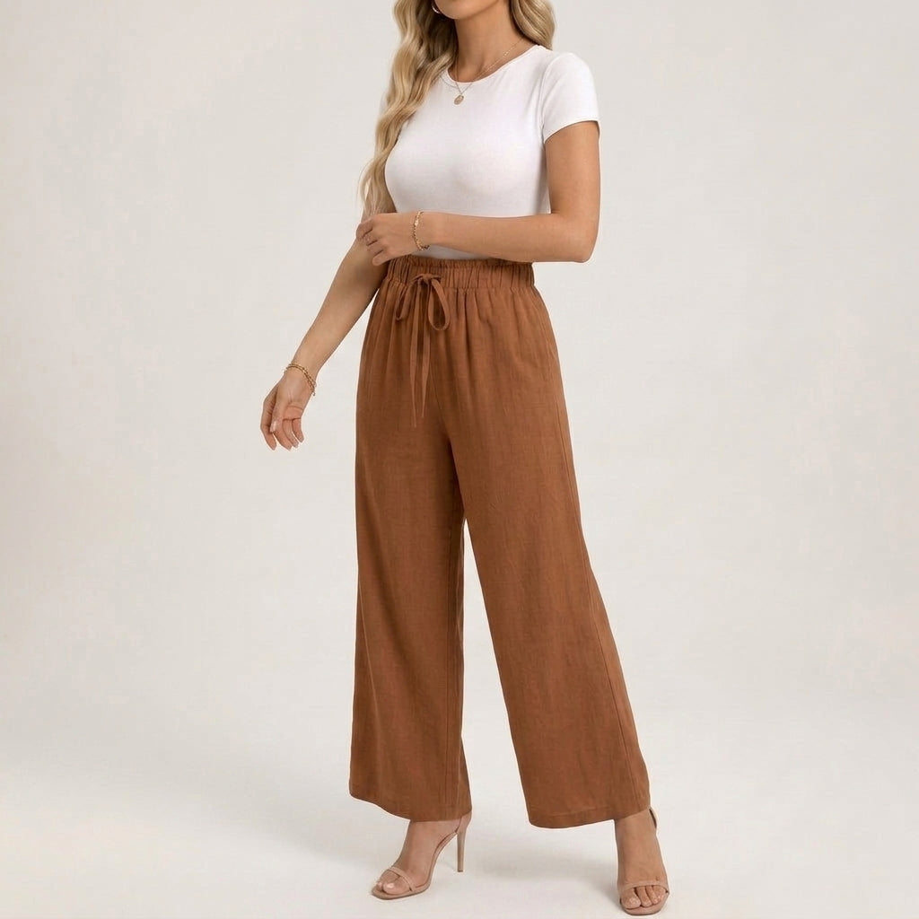 Women's Linen Wide-Leg Pants with Smocked Waistband