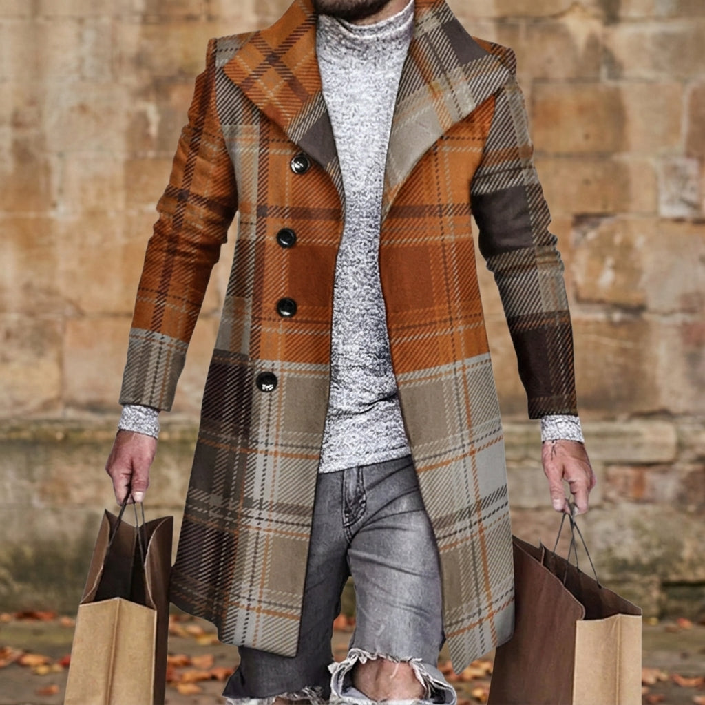 Men's Wool Blend Plaid Overcoat with Double-Breasted Front