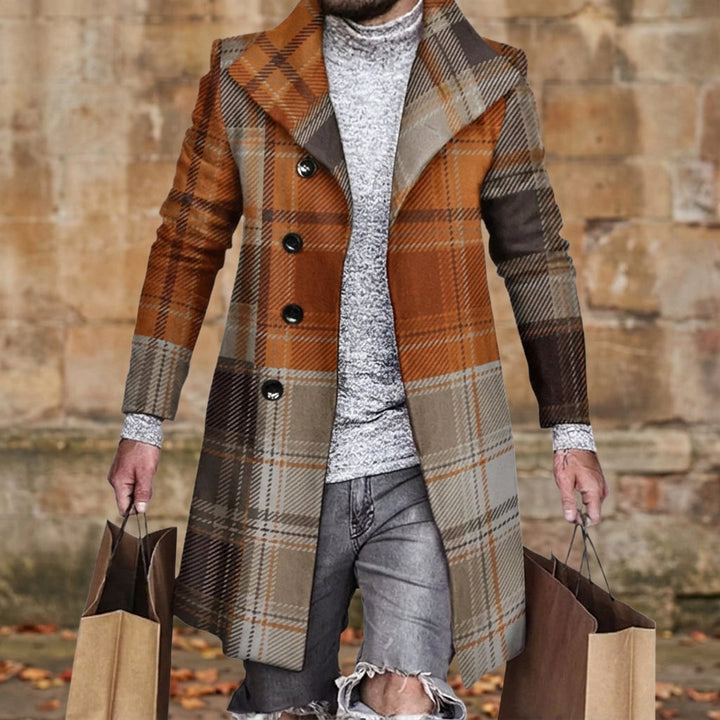 Men's Wool Blend Plaid Overcoat with Double-Breasted Front