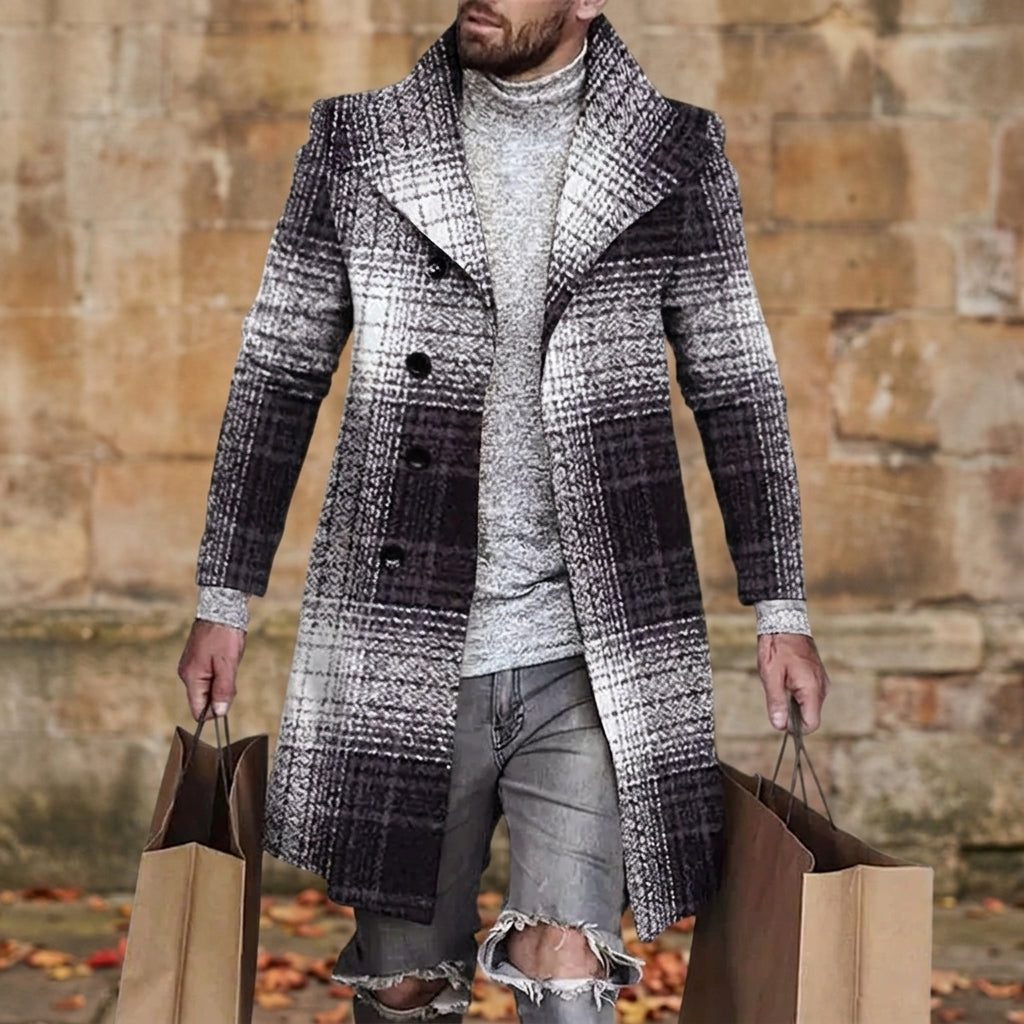 Men's Wool Blend Plaid Overcoat with Double-Breasted Front