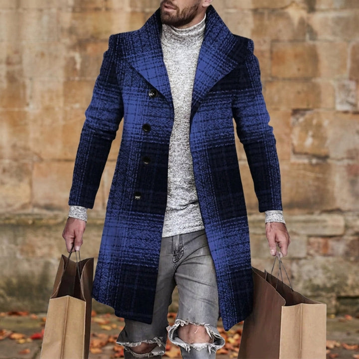 Men's Wool Blend Plaid Overcoat with Double-Breasted Front