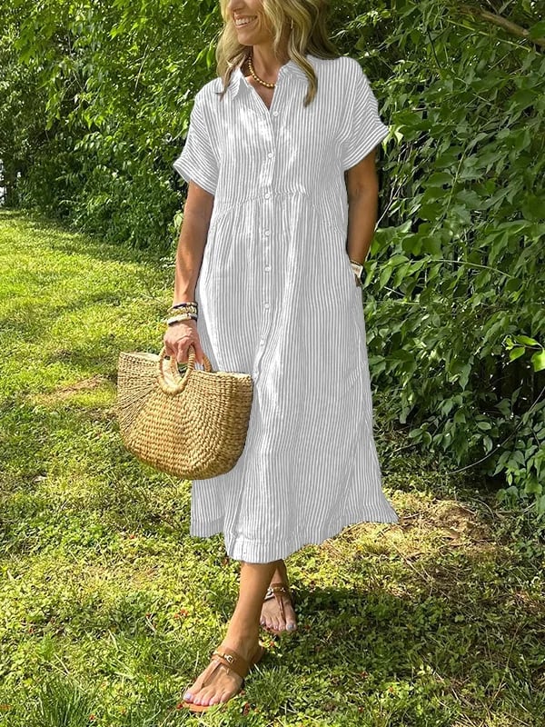 Women's Striped Linen Shirt Dress with Side Pockets