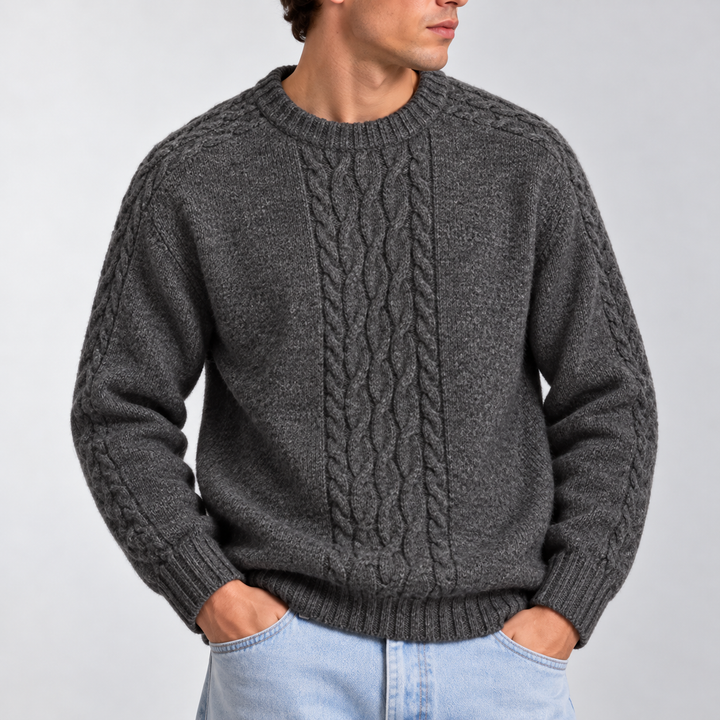 Men's Cable Knit Panel Jumper with Ribbed Crew Neck