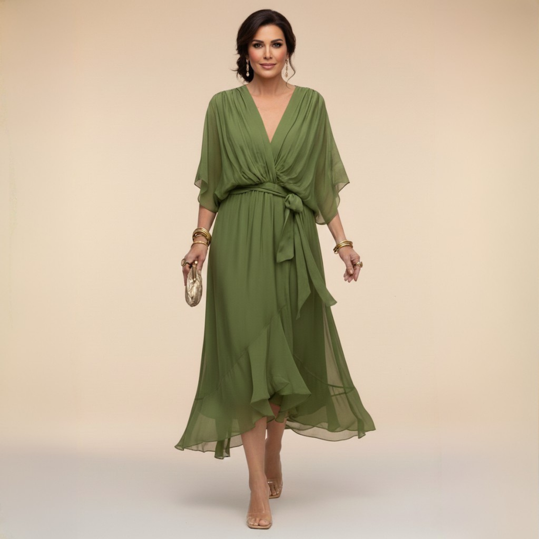 Women's Wrap Midi Dress with Kimono Sleeves