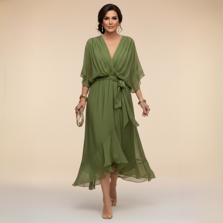 Women's Wrap Midi Dress with Kimono Sleeves