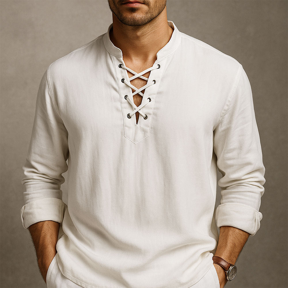 Men's Cotton Lace-Up Shirt with Band Collar