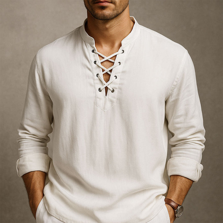 Men's Cotton Lace-Up Shirt with Band Collar