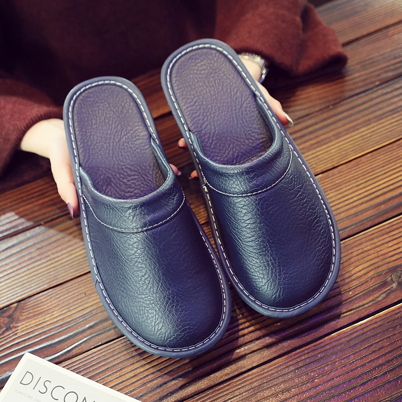 Men's Leather Slippers with Stitched Trim