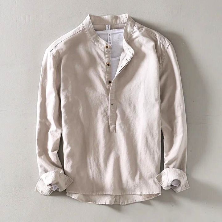 Men's Linen Blend Popover Shirt with Band Collar