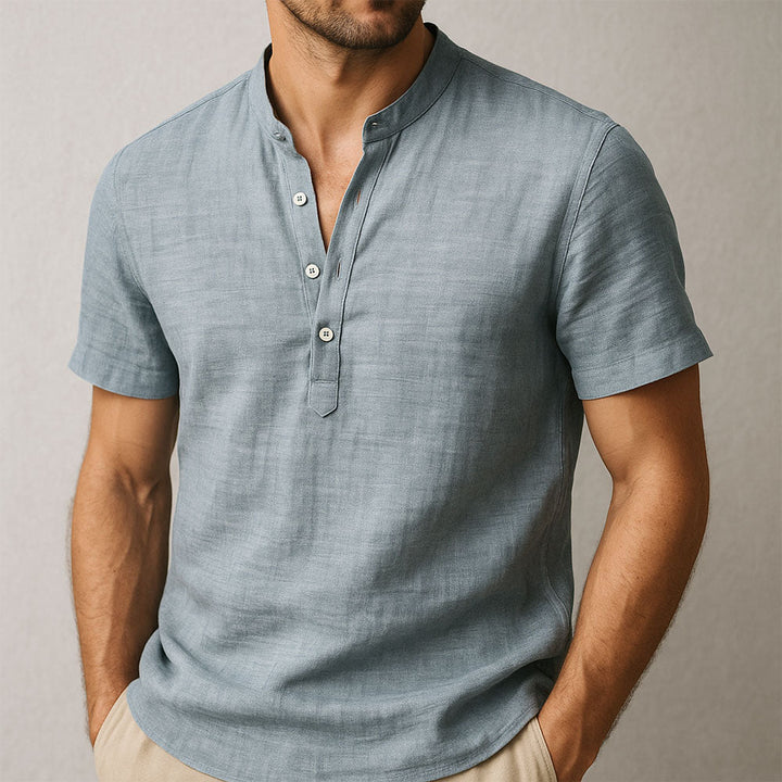 Men's Linen Henley Shirt with Short Sleeves