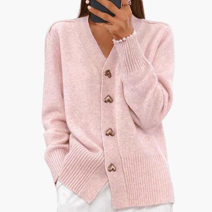 Amelia | Heart Button V Neck Knit Cardigan