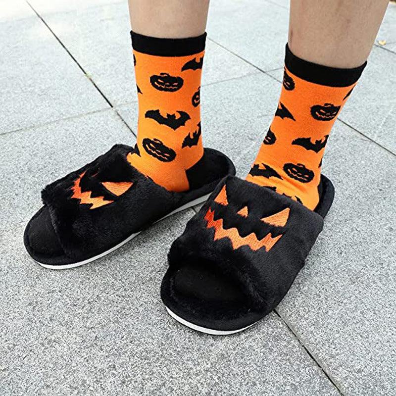 Women's Plush Pumpkin Halloween Slippers with Fluffy Straps