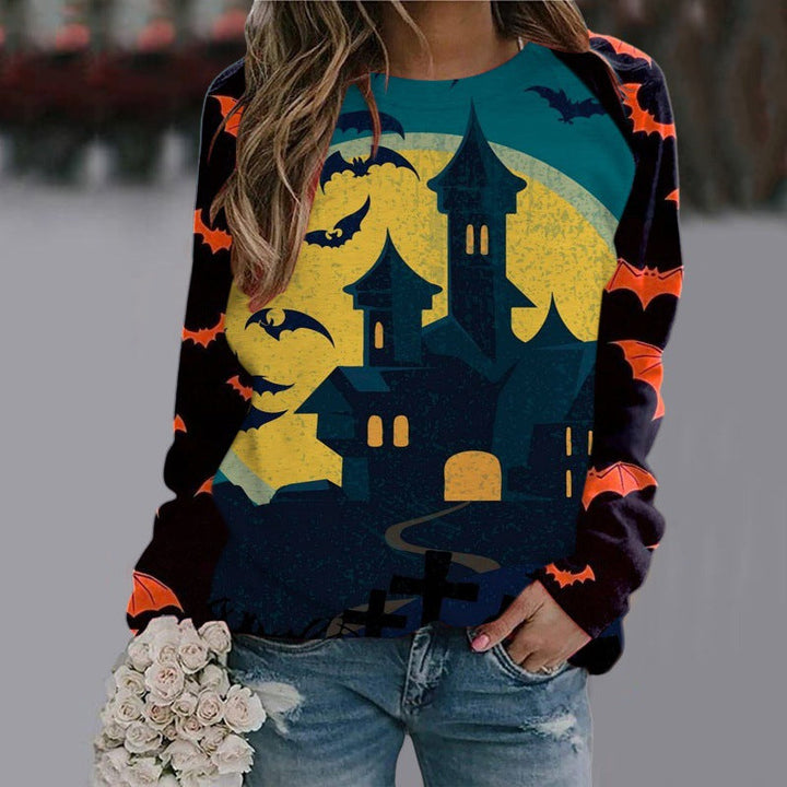 Women's Halloween Witch Print Jumper with Bat Sleeves