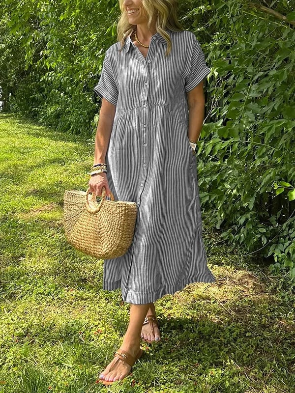 Women's Striped Linen Shirt Dress with Side Pockets