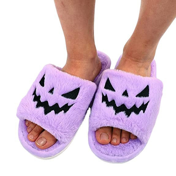 Women's Plush Pumpkin Halloween Slippers with Fluffy Straps