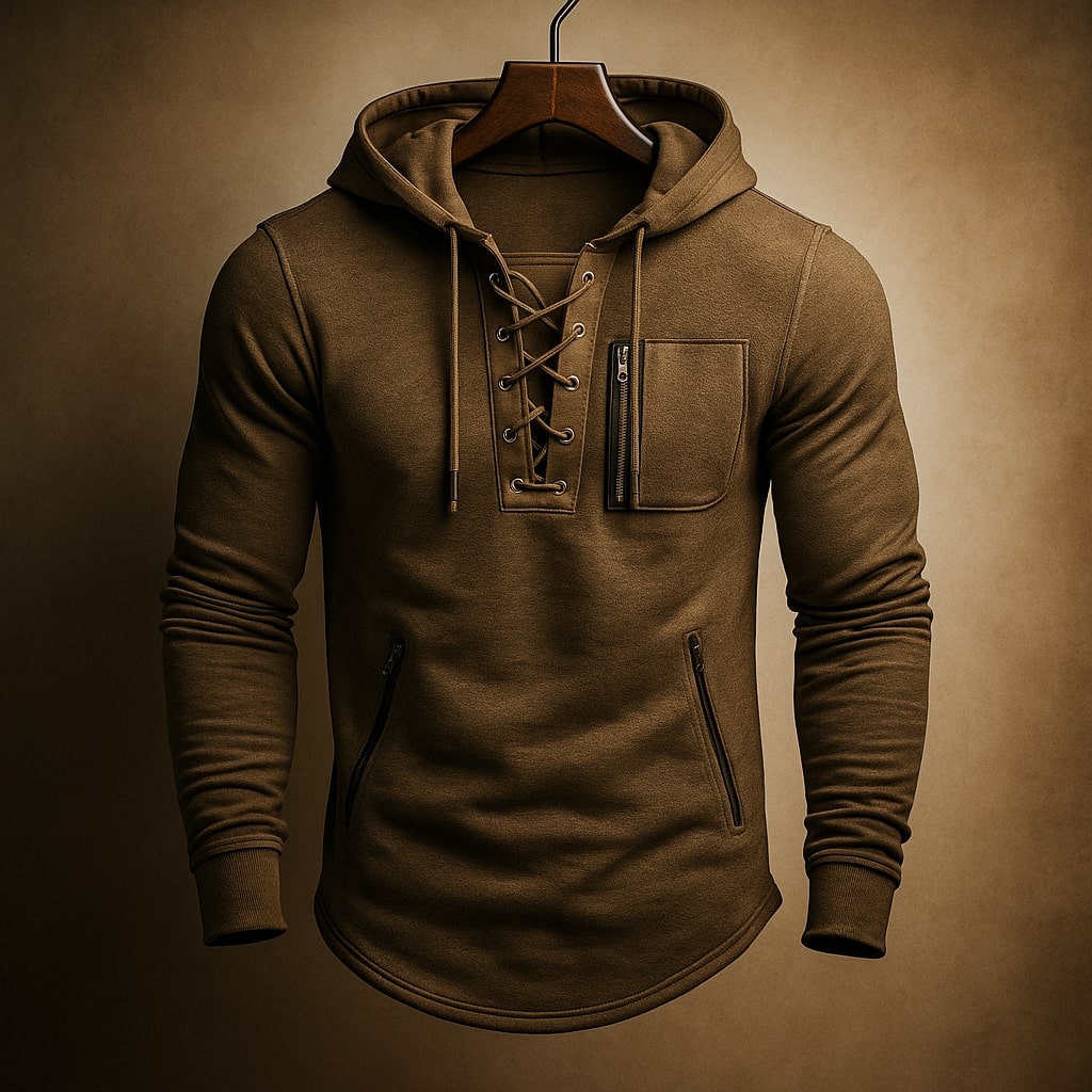 Men's Lace-Up Front Hoodie with Zip Chest Pocket