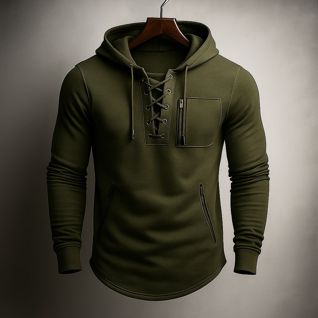 Men's Lace-Up Front Hoodie with Zip Chest Pocket