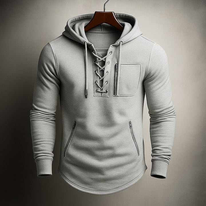 Men's Lace-Up Front Hoodie with Zip Chest Pocket