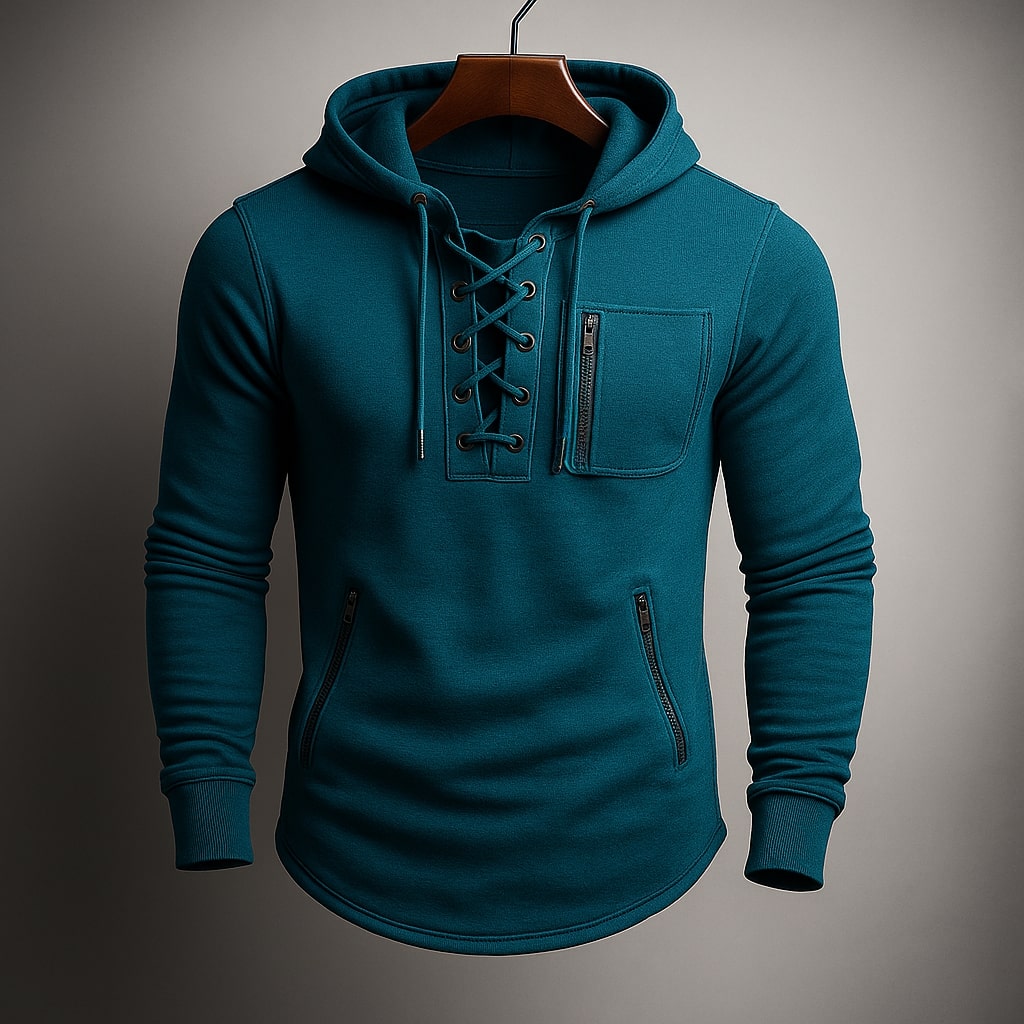 Men's Lace-Up Front Hoodie with Zip Chest Pocket