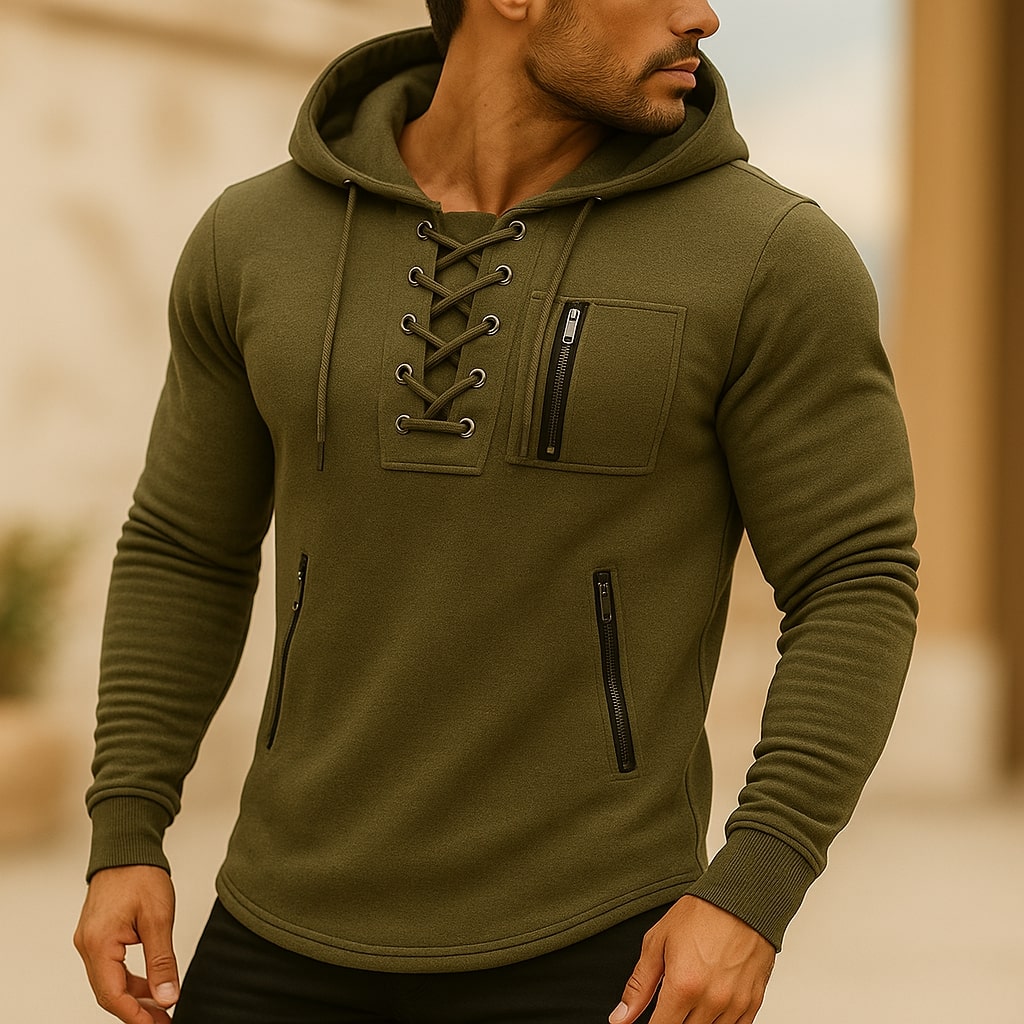 Men's Lace-Up Front Hoodie with Zip Chest Pocket