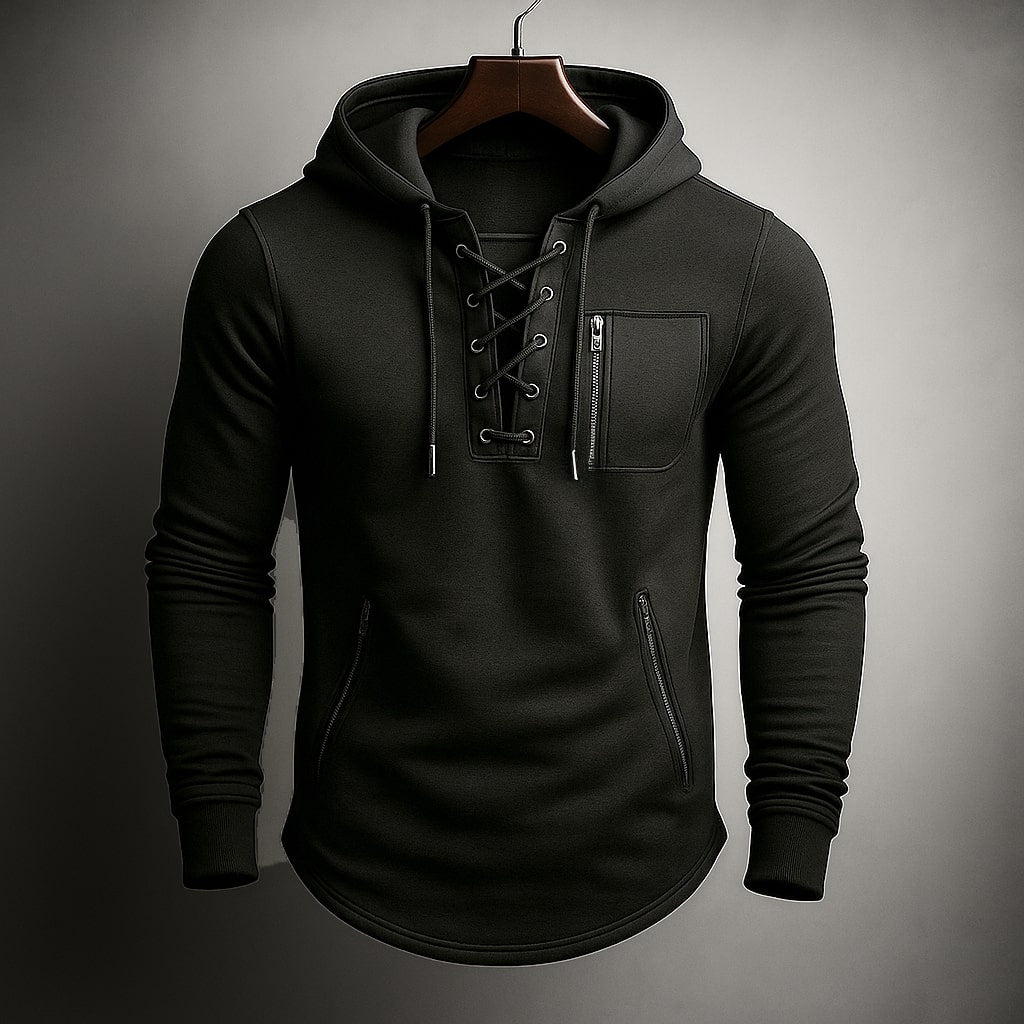 Men's Lace-Up Front Hoodie with Zip Chest Pocket