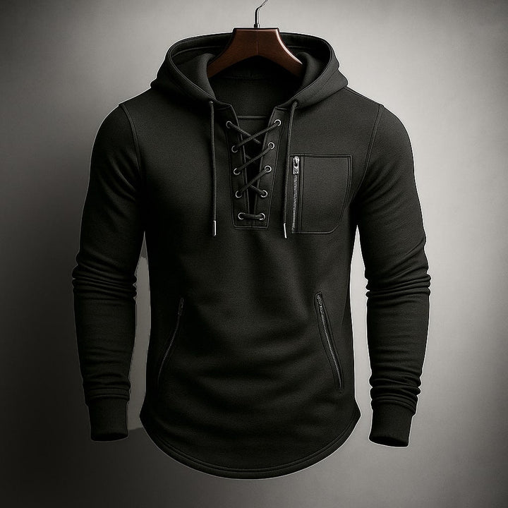 Men's Lace-Up Front Hoodie with Zip Chest Pocket