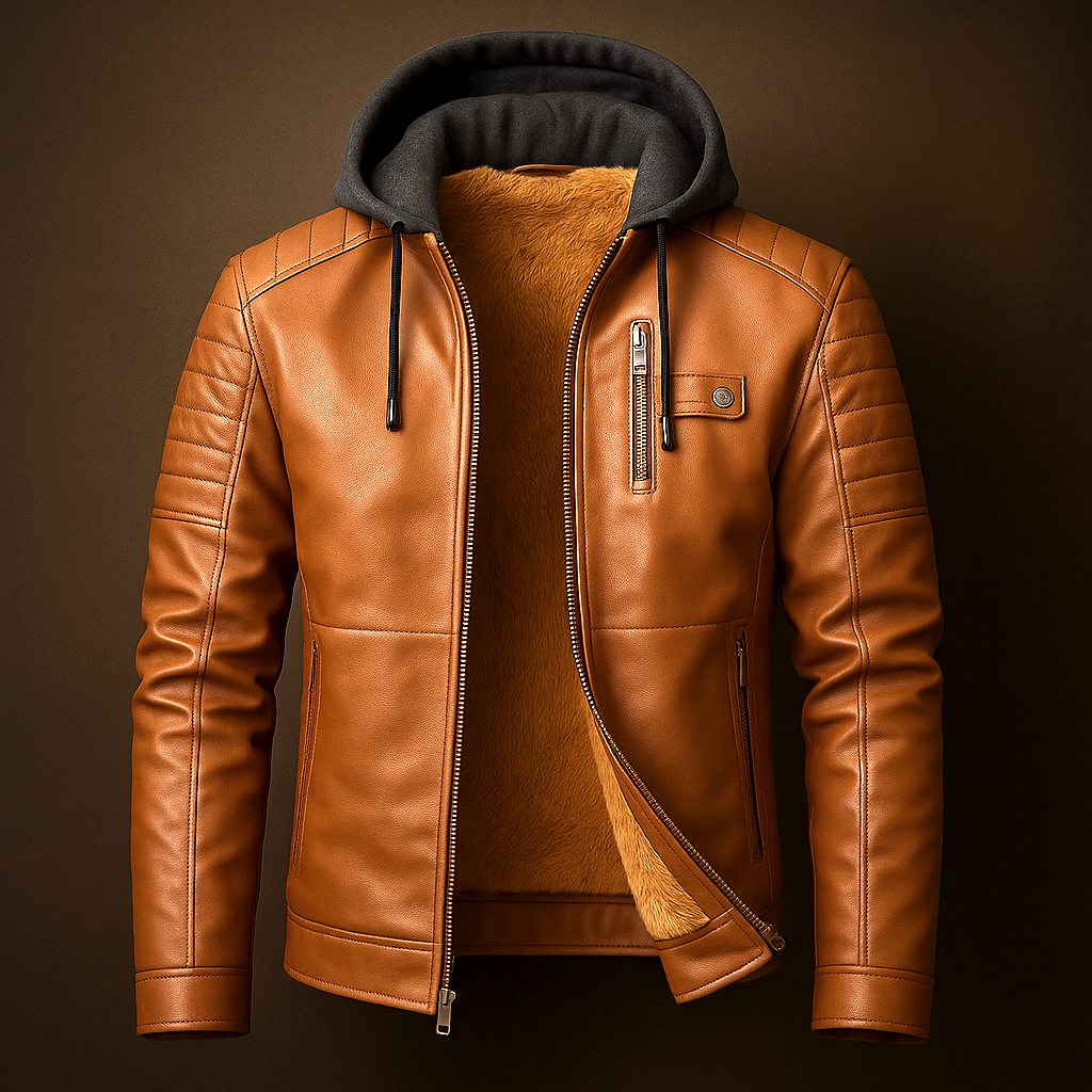 Men's Leather Hooded Jacket with Removable Hood