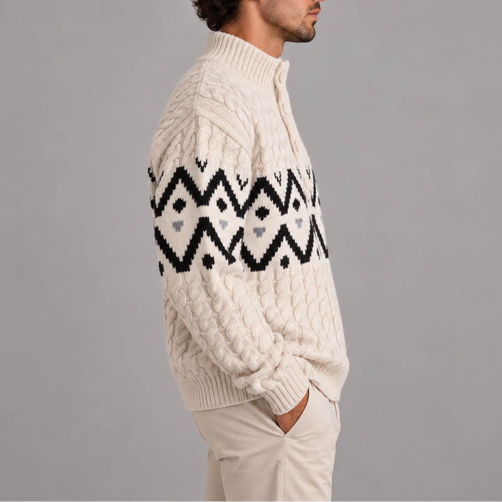 Men's Nordic Cable Knit Jumper with Button Neck