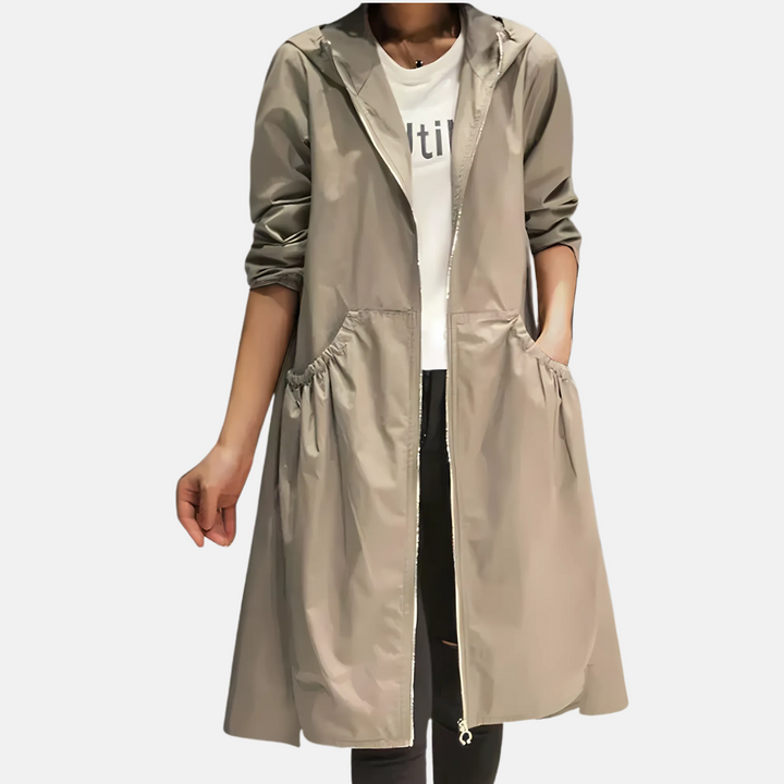 Women's Waterproof Hooded Knee-Length Coat with Zip
