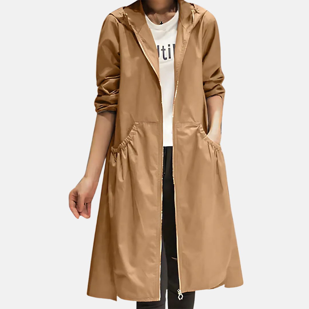 Women's Waterproof Hooded Knee-Length Coat with Zip