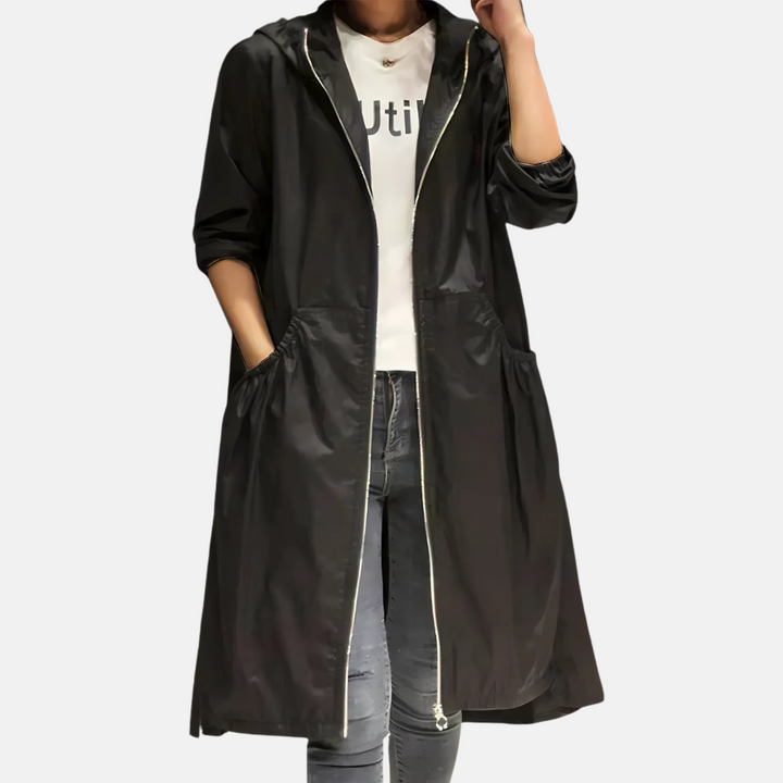 Women's Waterproof Hooded Knee-Length Coat with Zip