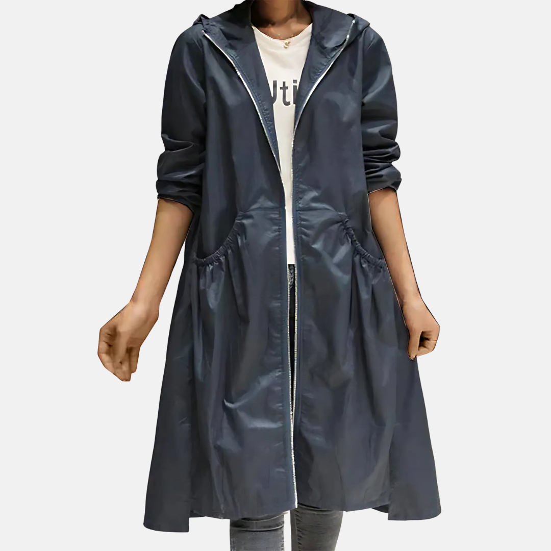Women's Waterproof Hooded Knee-Length Coat with Zip