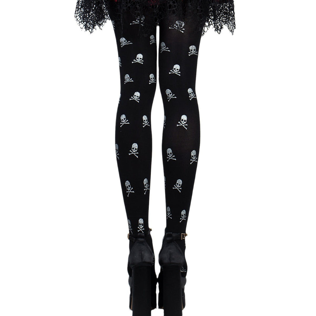 Women's Skull Print Halloween Tights with Metallic Glitter