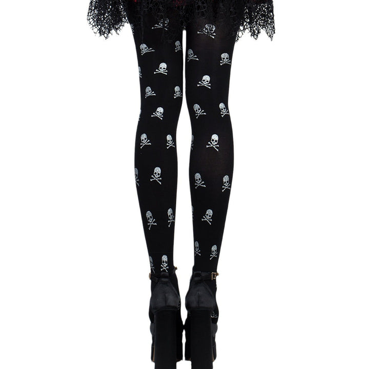 Women's Skull Print Halloween Tights with Metallic Glitter
