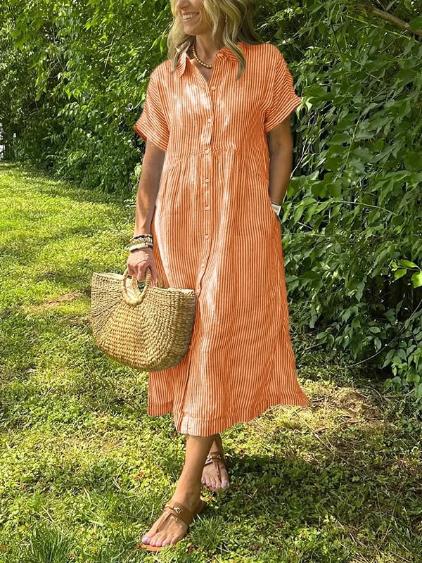 Women's Striped Linen Shirt Dress with Side Pockets