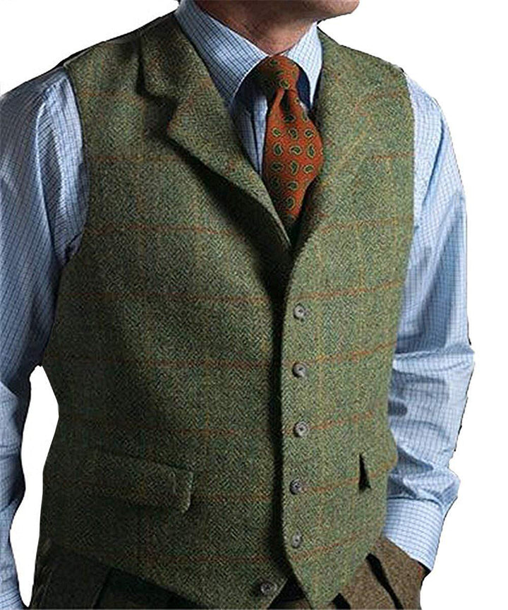 Men's Wool Blend Tweed Waistcoat with Herringbone Pattern