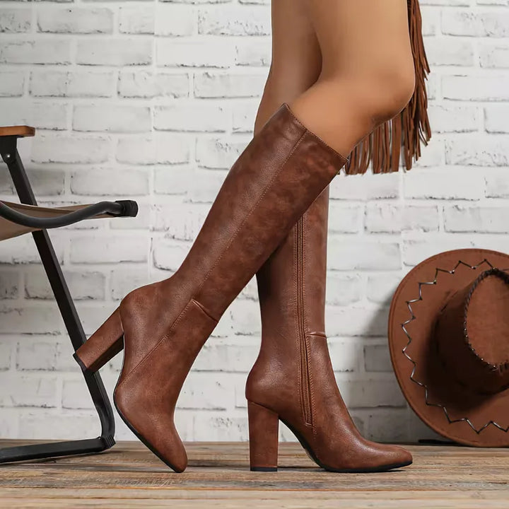 Women's Knee High Boots with Block Heel Pointed Toe