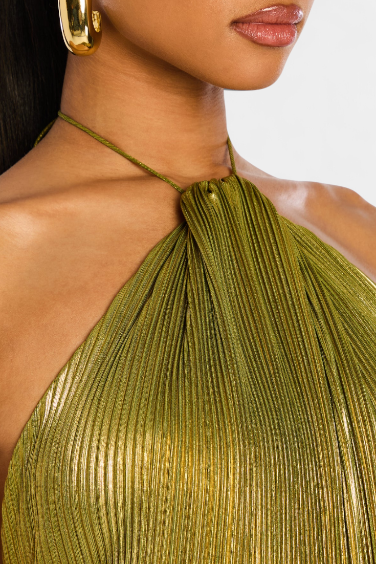 Aurora | Metallic Halter Neck Evening Maxi Dress