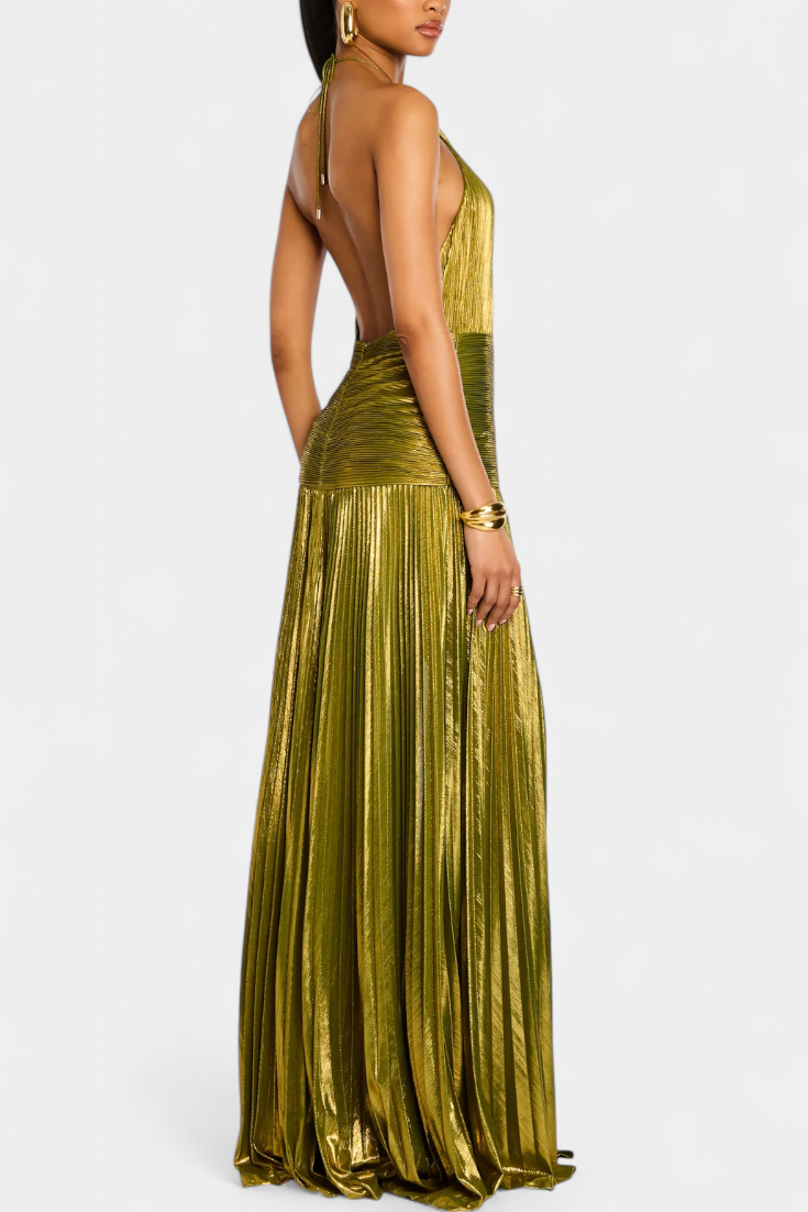 Aurora | Metallic Halter Neck Evening Maxi Dress