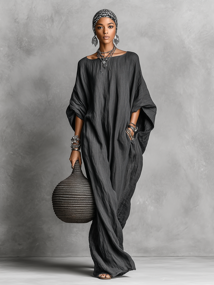 Women's Linen Kaftan Maxi Dress with Dolman Sleeves