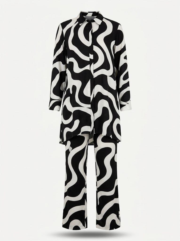 Women's Printed Longline Blouse and Wide-Leg Trousers Co-Ord