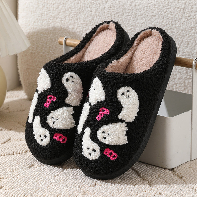 Women's Fluffy Ghost Print Halloween Slippers