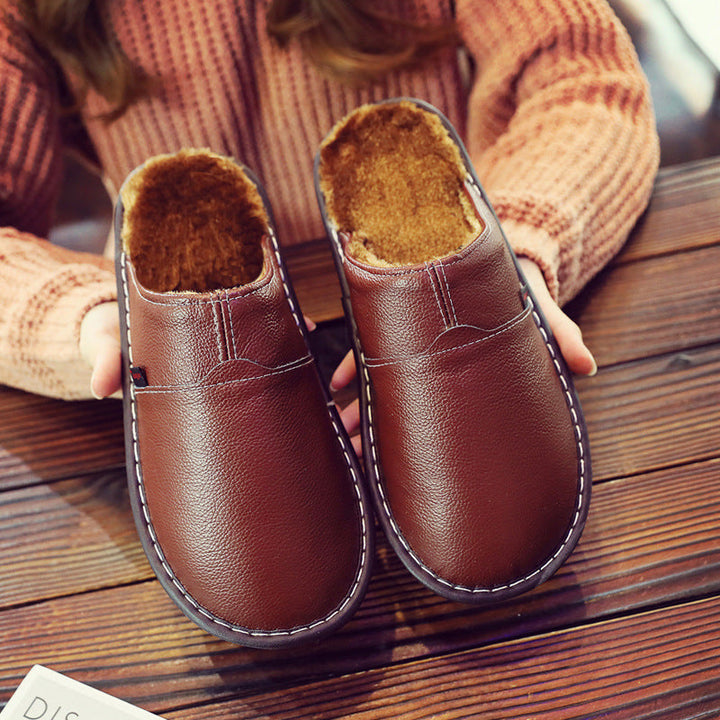 Women's Leather Fur-Lined Slippers with Waterproof Sole