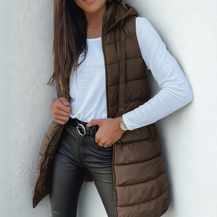 Women's Longline Hooded Puffer Gilet with Zip