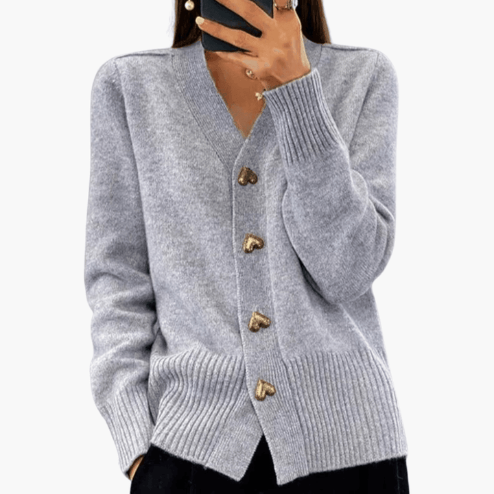 Amelia | Heart Button V Neck Knit Cardigan